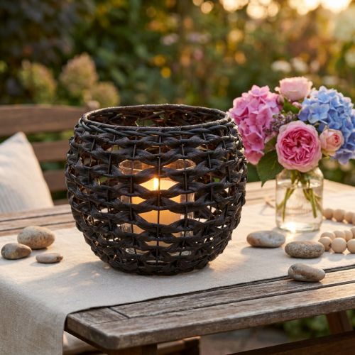 Windlicht geflochten Schwarz Braun Ø31cm H25cm aus Metall und Kunststoff | Floristik24.ch