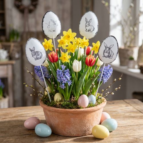 Artikel Blumenstecker Metall Ostereier Weiss 5×7cm mit Hasenmotiv, 8 Stück für Osterdekoration