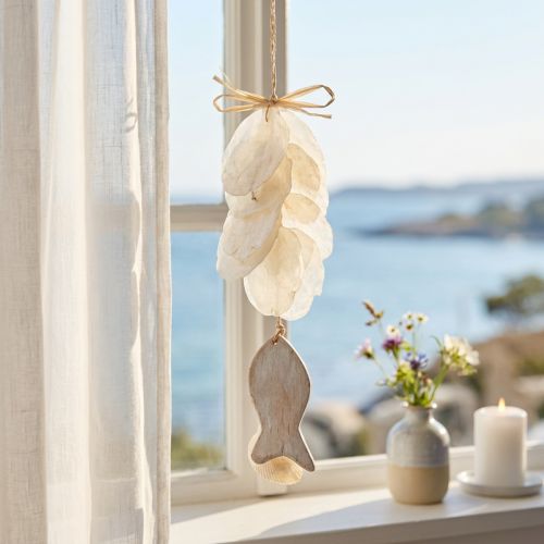 Deko-Hänger aus Capiz-Muscheln und Holzfisch Weiss 39 cm | Floristik24.ch