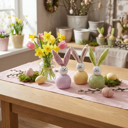 Holz Osterhasen mit beweglichen Stoffohren, 8×22 cm, Rosa, Grün, Gelb, 3er Set | Floristik24.ch