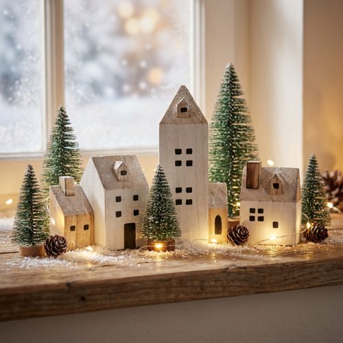Mini Weihnachtsdorf Holz Deko Weiß Natur H13/7cm 6 St | Floristik24.ch