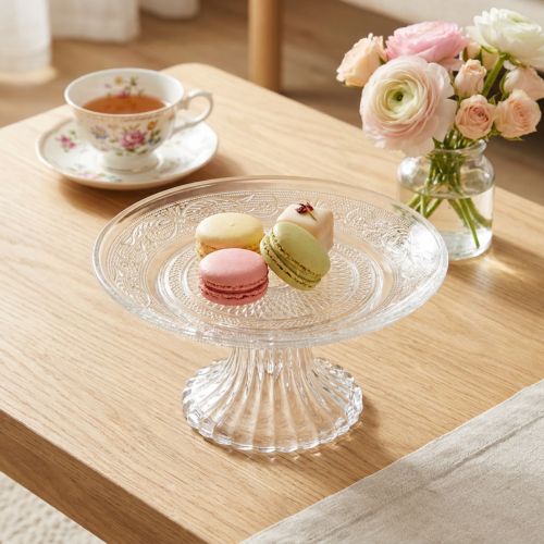 Glasteller auf Fuss, flache Glasschale mit Muster, Ø 15 cm, klar | Floristik24.ch