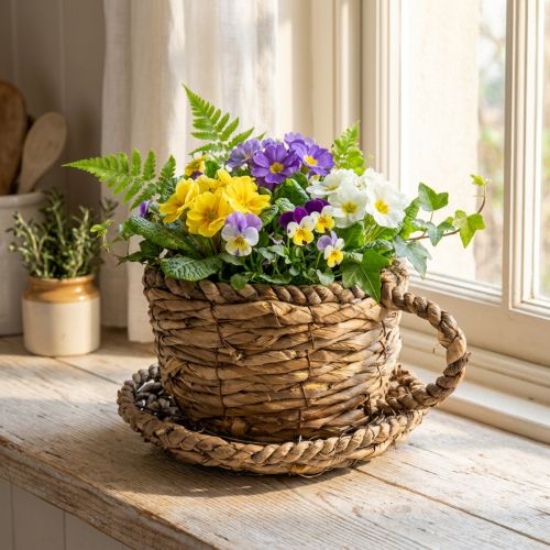 Pflanzgefäss aus Stroh mit Unterteller Ø 17 cm H 13 cm für Indoor-Deko | Floristik24.ch