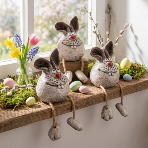 Keramik Kantenhocker Hase Set 3-teilig 6,5 × 7 × 9,5 cm mit Jutebeinen für Frühlings- und Osterdekoration | Floristik24.ch