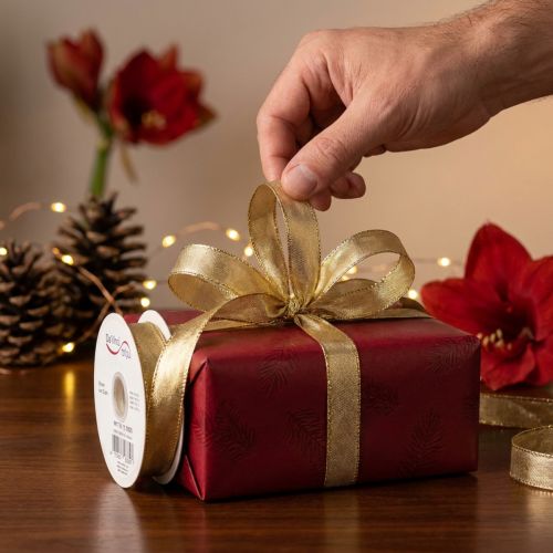 Artikel Geschenkband mit Drahtkante 15mm x 25m Gold aus Polyester und Polyamid