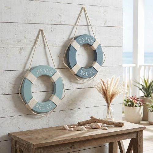 Set aus 2 maritimen Rettungsringen aus Holz, Ø 13 cm, Blau, zum Hängen | Floristik24.ch