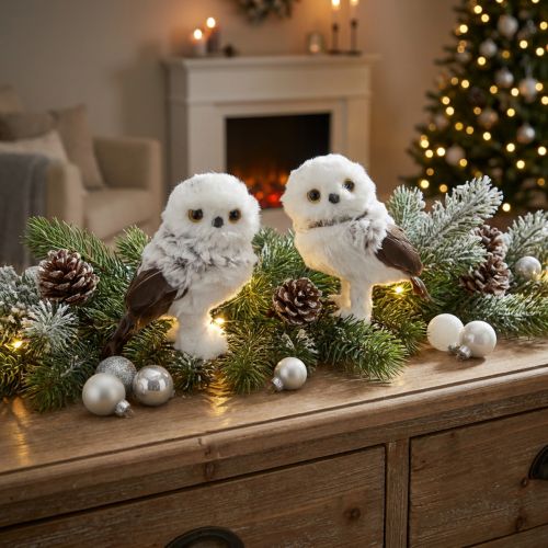 Schneeeulen-Dekofigur im 2er-Set aus Kunststoff und Kunstfell, Weiss und Braun, H13 cm | Floristik24.ch