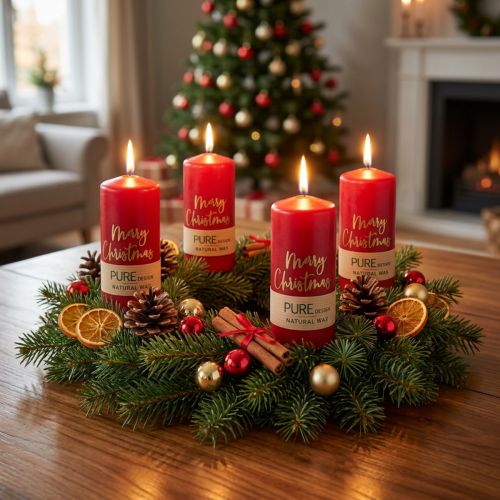 Adventskerzen 4er Set Rot „Merry Christmas“ aus Stearin und Rapswachs, Ø 60 mm, Höhe 130 mm | Floristik24.ch