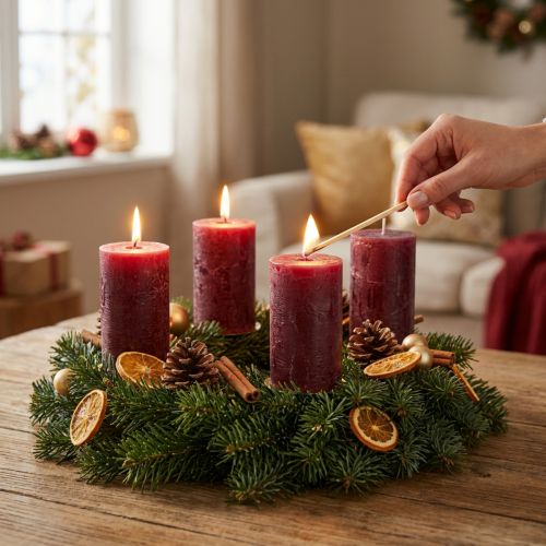 Durchgefärbte Adventskerzen aus Wachs im Rustic-Look 110×60mm Burgund 4er-Set | Floristik24.ch