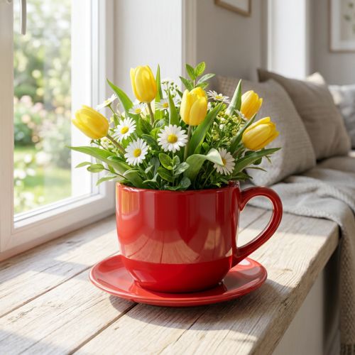 Artikel Tasse mit Unterteller aus Keramik, 17 cm, Rot, für Trocken- und Kunstblumen