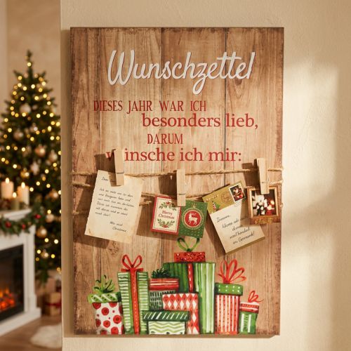 Dekoschild aus Holz für Wunschzettel mit Klammern, 27×40 cm, Braun und Naturfarben | Floristik24.ch