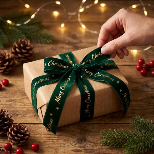Geschenkband Samtband Grün Merry Christmas 25mm x 20m Polyester | Floristik24.ch