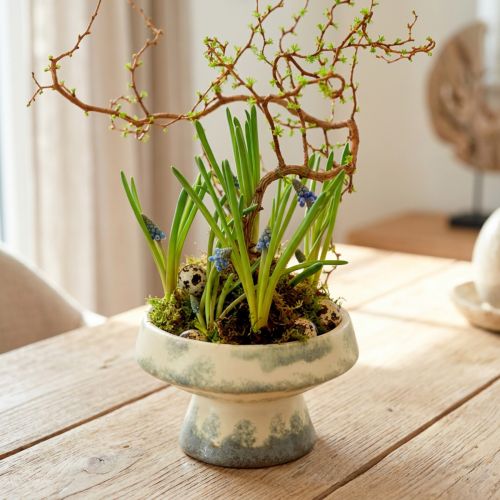 Deko-Schale aus Keramik mit Sockel, Ø 17 cm, Höhe 10 cm, Creme und Graugrün | Floristik24.ch