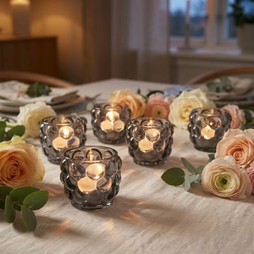 Teelichthalter Glas Grau Ø7cm H7cm mit Trauben-Relief – Set aus 6 Stück | Floristik24.ch