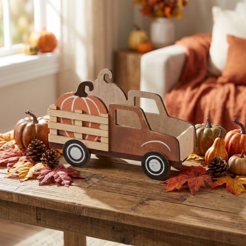Lieferwagen aus Holz mit Kürbis-Motiv, 20×7,5×12,5 cm, Herbstdekoration | Floristik24.ch