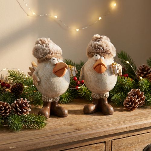 Weihnachtsfiguren Vögel mit Mütze und Geschenk Kunststein Beige 11,5 x 8 x 14 cm 2 Stück | Floristik24.ch