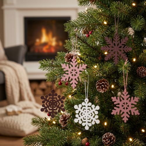 Christbaumschmuck Schneeflocke Holz Anhänger 8 cm 36 Stück in Weiss Rosa und Lila | Floristik24.ch