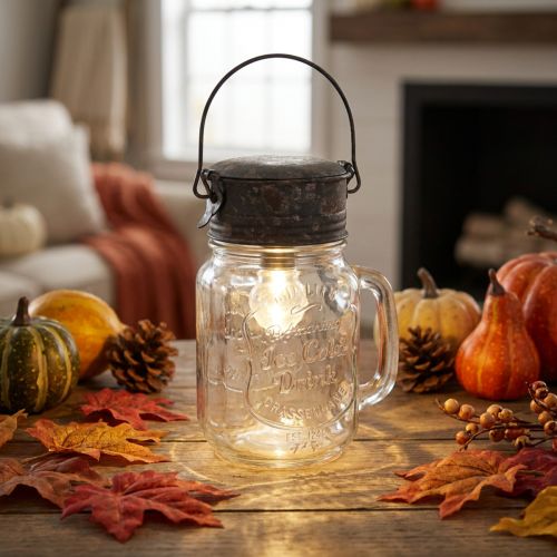 Deko-Trinkglas mit LED-Lampe, Ø 8cm, H 16cm, Glas und Metall, Transparent/Braun | Floristik24.ch