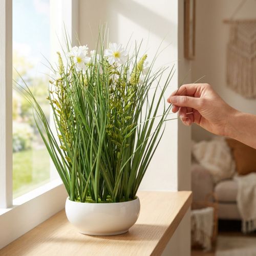 Deko Gras mit künstlichen Cosmeablüten in weisser Schale H45cm | Floristik24.ch