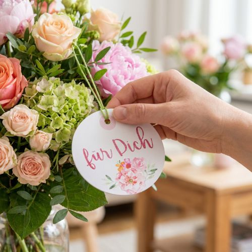 Geschenkanhänger Holz Ø6.5cm mit Sprüchen und Blumenmotiv, 12 Stück, Weiss-Rot-Rosa-Grün | Floristik24.ch