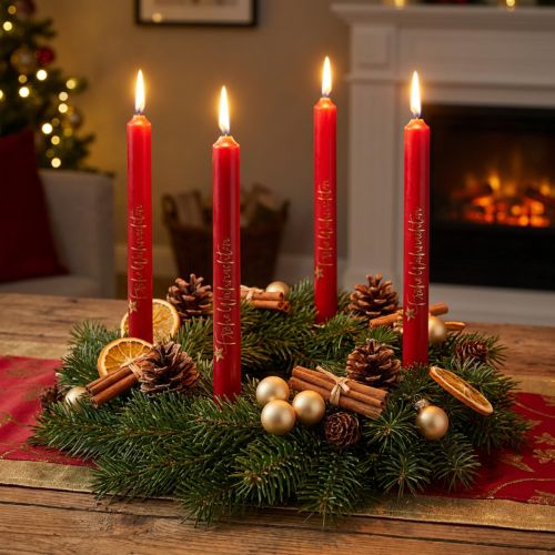 Rote Weihnachts-Stabkerzen aus Wachs mit Goldschrift, 25 cm, 4 Stück | Floristik24.ch