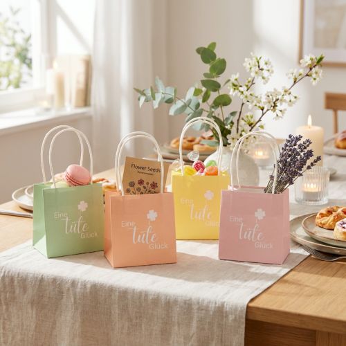 Artikel Geschenktüten aus Papier mit Henkel, 12 cm, mehrfarbig, Aufdruck "Eine Tüte Glück", 12 Stück