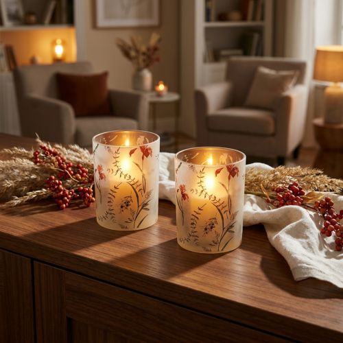 Artikel Windlicht aus Glas mit floralem Motiv Beige 12,5 cm 2er-Set