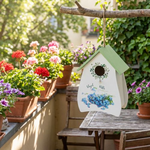 Artikel Deko-Vogelhaus aus Holz, 21 cm, Weiss mit Grünem Dach und Blumenmotiv, für Innenräume