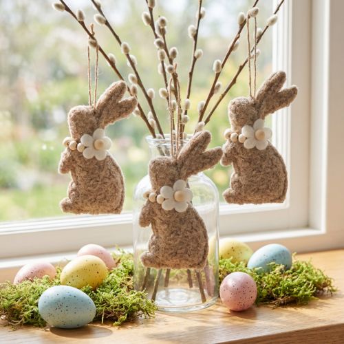 Artikel Filz Osterhase Hängedekoration 14cm Beige mit Blüte 8er Set für Fenster