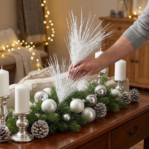 Künstlicher Kiefernzweig Weiss Glitter 80 cm Kunststoff Papier Metall | Floristik24.ch