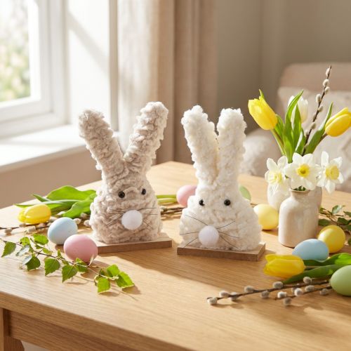 Deko-Osterhasen aus Kunstwolle auf Holzsockel – 2er Set, H18 cm, Beige und Weiss | Floristik24.ch