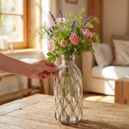 Glasflasche mit Makramee-Überzug, Durchmesser 10 cm, Höhe 27 cm, Naturfarben, für Innenbereich | Floristik24.ch