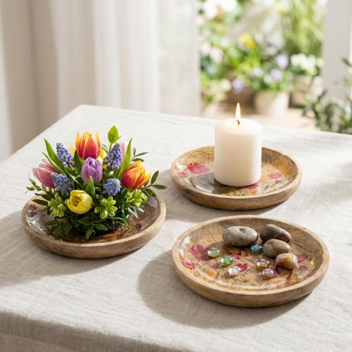 Artikel Holzteller mit Blumen- und Schmetterlingsmotiv, Ø15cm, Natur/Pink, 3er-Set