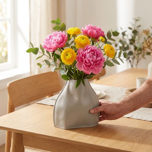 Deko Vase Keramik Grau, Moderne Innendekoration, 22×9×22.5 cm | Floristik24.ch