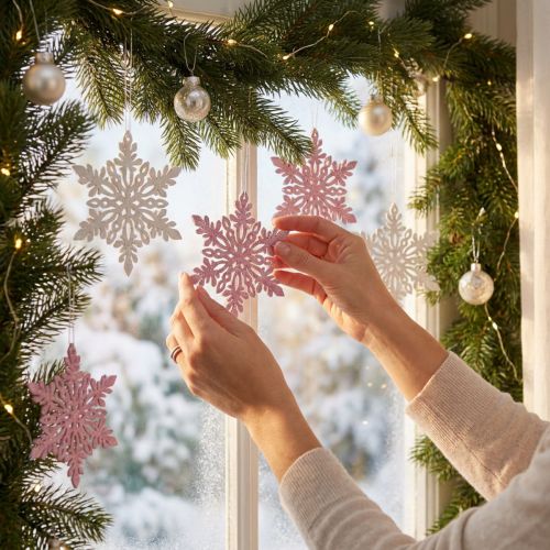 Schneeflocke Holz Rosa und Weiss mit Glitter 8–12 cm 12 Stück | Floristik24.ch