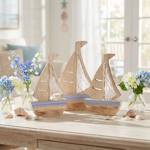 Segelboot Deko Aufsteller Holz Natur Hellblau 25,5×16,5cm 3er-Set | Floristik24.ch