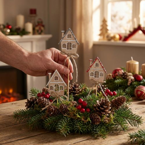 Dekostecker Weihnachten Holz Häuser 4,5 x 5 cm Set 12 Stück | Floristik24.ch