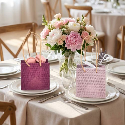 Artikel Geschenktaschen mit Henkeln aus Papiergeflecht, 10,5 cm, Rosa und Burgund, 8er-Set