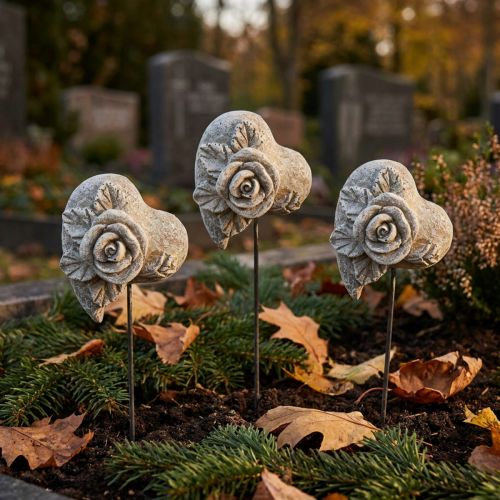 Artikel Herzförmiger Grabstecker aus Steinguss mit Rose 5,5 cm Grau 6 Stück