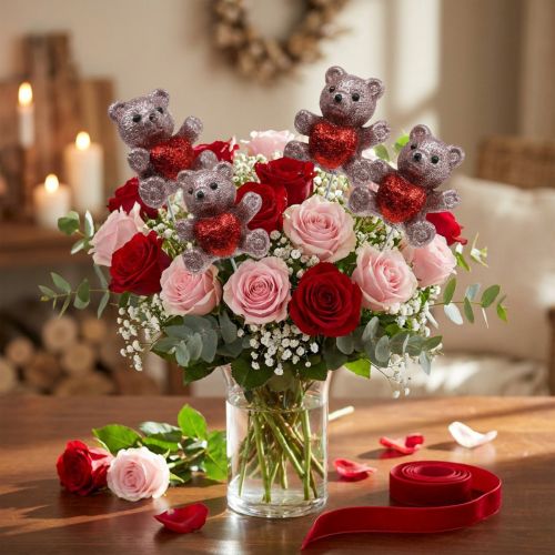 Dekostecker Bär aus Kunststoff mit Glitter und Herz, 28 cm, Altrosa/Rot, Set mit 9 Stück | Floristik24.ch
