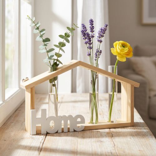 Artikel Wandvase aus Holz mit Reagenzgläsern und Aufhängung, 27,5x4,5x14,5 cm, Natur/Weiss