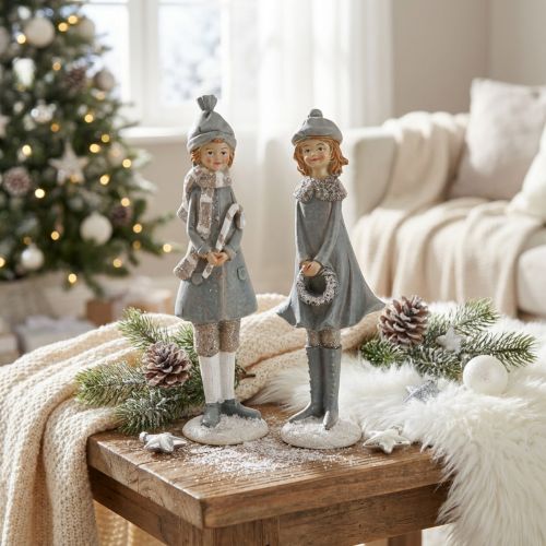Dekofiguren Winterkinder Mädchen ca. 19 cm Polyresin Grau Beige 2 Stück | Floristik24.ch