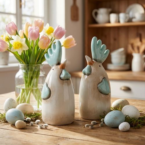 Keramik Hahn Dekofiguren Set 2 Stück H14,5cm Weiss Blau Braun für Küche und Wohnraum | Floristik24.ch