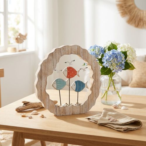 Tischdekoration Holzring mit Fischen und Möwen 28 cm Natur Blau Rot | Floristik24.ch