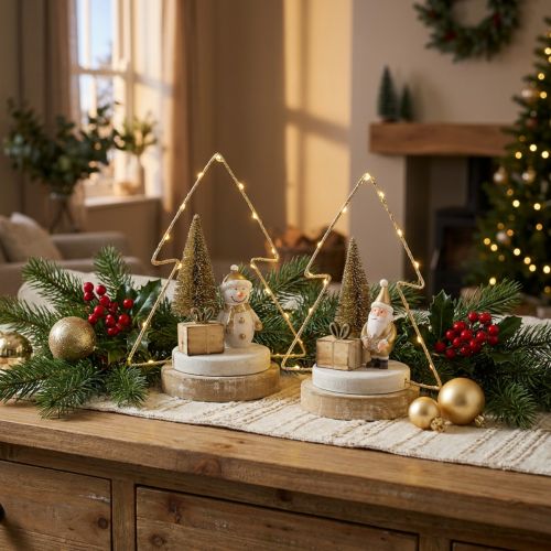 Artikel Tischdeko LED Tannenbaum-Set H21cm aus Holz und Metall in Altgold, Weiss und Creme
