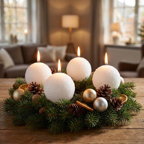 Kugelkerzen aus Wachs Ø10cm Weiss Schneeball-Optik 4er Set für Winterdekoration | Floristik24.ch