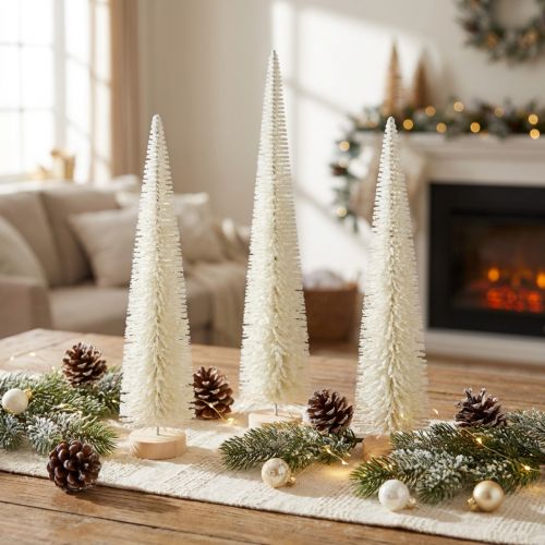 Tannenbaum Dekobaum aus Kunststoff mit Holzfuss, 40 cm, weissgrau, Set mit 3 Stück für saisonale Dekoration | Floristik24.ch