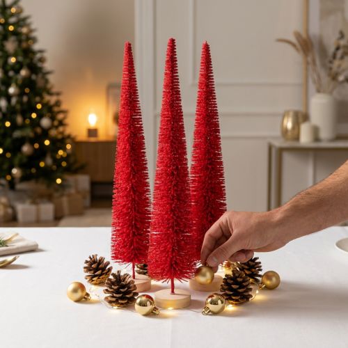 Deko Tannenbaum schmal künstlich Rot mit Holzsockel 40 cm 3er-Set | Floristik24.ch