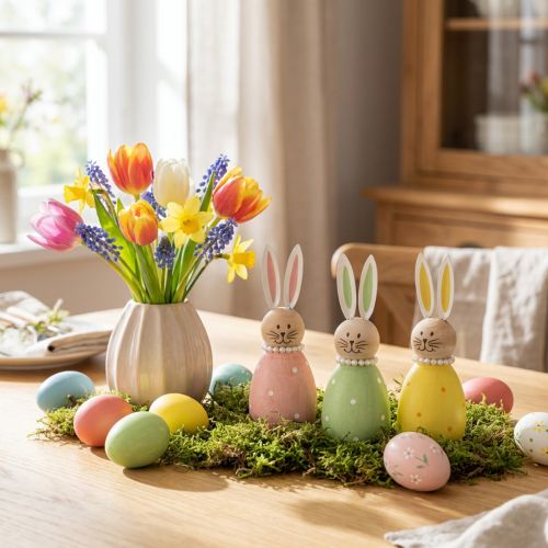 Holz Osterhasen Dekofiguren mit Perlenkette in Pastellfarben 14,5×5 cm 3er-Set | Floristik24.ch