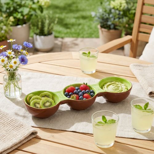 Keramikschale Kiwi-Motiv 30 cm dreigeteilt Braun-Grün für Snacks und Tapas | Floristik24.ch